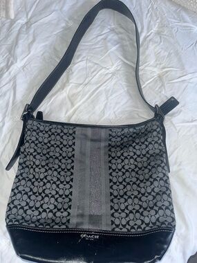 Coach Gray and Black Signature Stripe Shoulder Bag